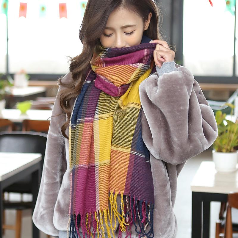 Women's Korean Style Knitted Plaid Tassel Shawl: Thick, Double-Sided & Versatile Winter Scarf
