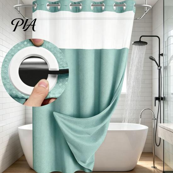 Waterproof Shower Curtain with Snap on Liner No Hook Curtain, Snap-on Liner, Quick Dry Mesh Top, Machine Washable Divider for Bathroom RV