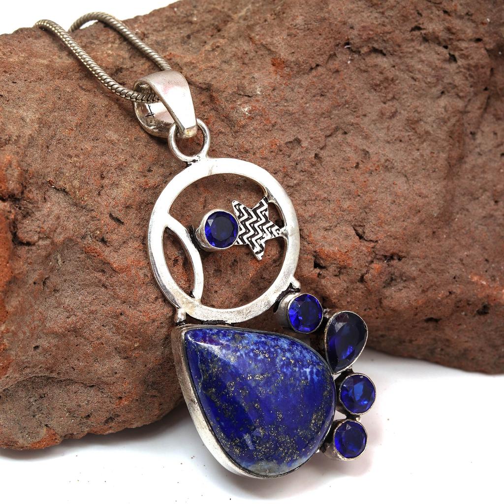 Pendant Lapis Lazuli Silver Jewelry 2.5" Gemstone Handmade Sterling Silver