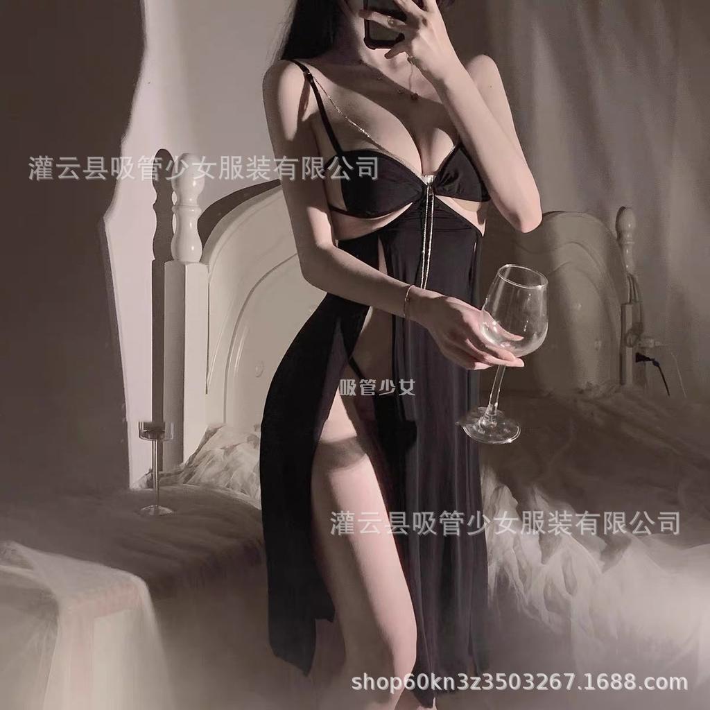 Sex Underwear Suspender Rhinestone Chain Deep V Slit Hollowed Sexy Long Dress Niche Chest Chain Scheming