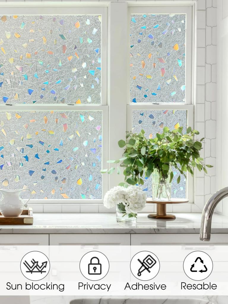 Витражная пленка для окон - 3D Rainbow Privacy, блокирующая УФ-излучение, терморегулирующая, статическая, неклеящаяся, съемная виниловая тонировка