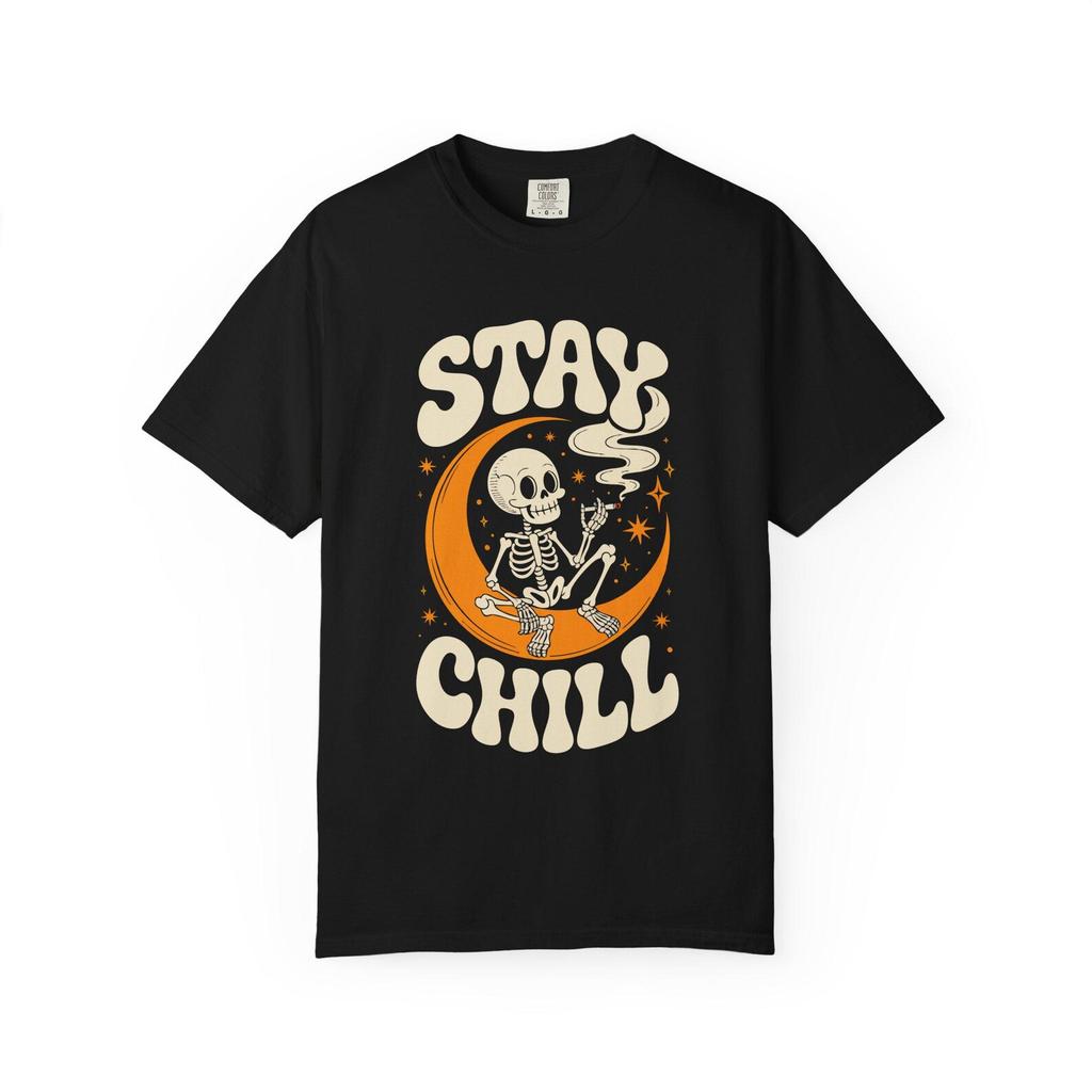 Stay Chill Skeleton Crescent Moon T-shirt | Retro Skull Smoking Graphic