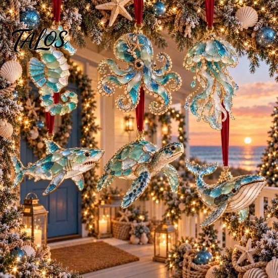 Декоративные ornaments со стеклянным видом, Морской Рождественский Ornament, Прибрежная Черепаха, Китовая Акула, Осьминог, Праздничный Подвесной Декор, Украшение для Елки, Вдохновленные Океаном