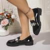 Fashion Luxury Crystal Patent Leather Loafers Women 2025 Autumn Sexy Thick Bottom Medium Heel Office Pumps Solid Black Dress Shoes Lady