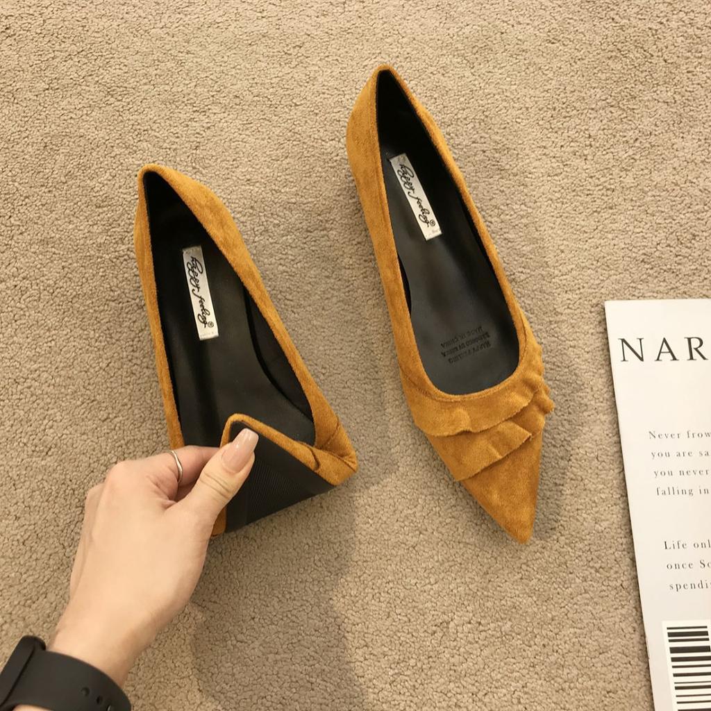 Остроносые французские туфли с открытым верхом на толстом каблуке из замши, женские 2025, новая мягкая подошва, универсальные, для юбки, для работы, вечерние туфли