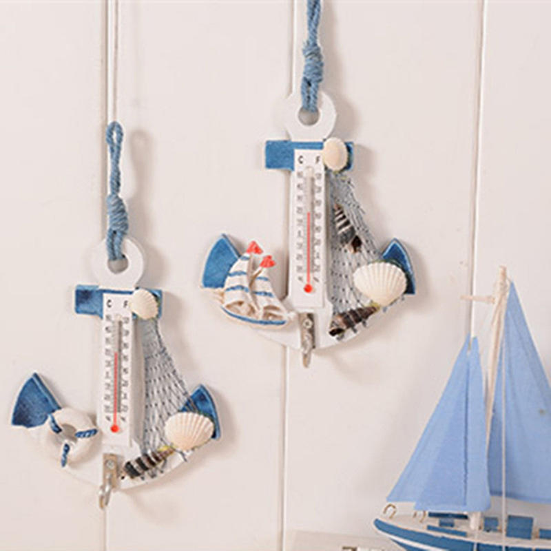 Wood Anchor Thermometer Crafts Art Wall Hanging Hook Meter Gauge Shell Nautical Decor