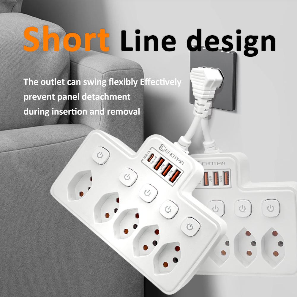 Brazilian Multi-hole Power Socket with USB, Long/Short Cord, Black/White
