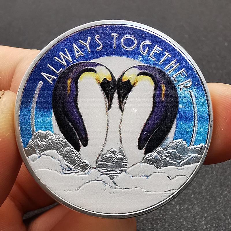 Penguin coin, silver plated, commemorative medal, Southern Hemisphere, Ocean Boat, heart-shaped penguin animal coin, couple commemorative coin