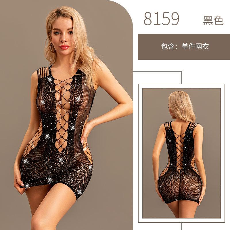Sexy tight-fitting hip-wrapped mesh jacket hollow hot diamond perspective sex underwear nightclub girl sex uniform