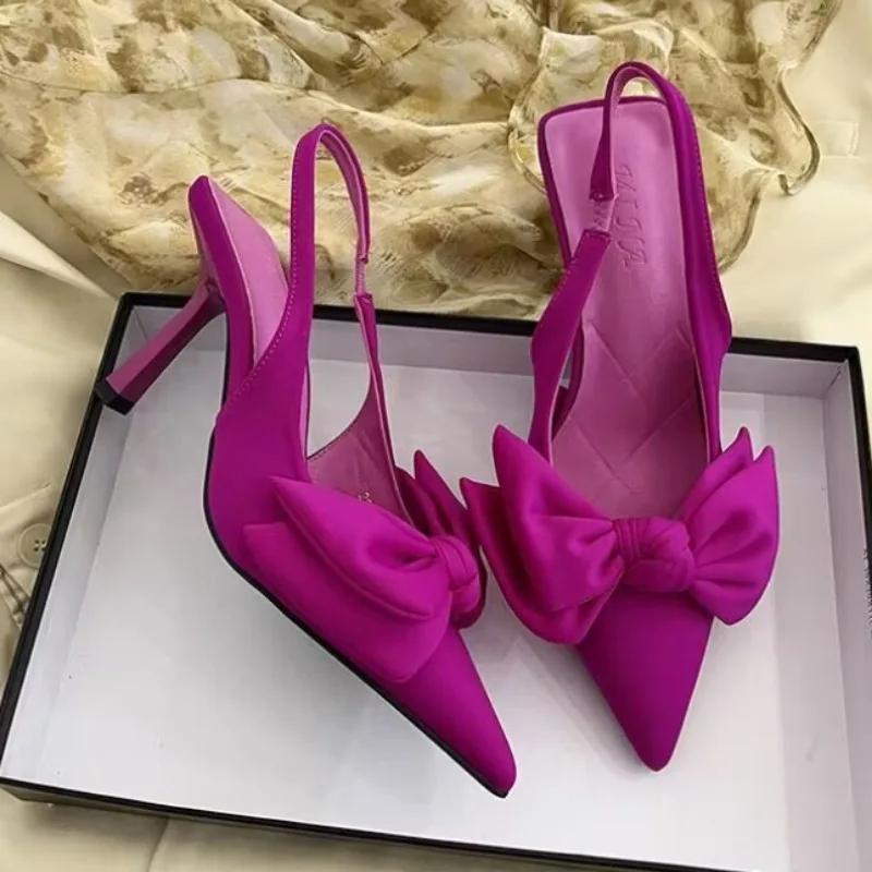 2024 Женские летние новые элегантные дизайнерские босоножки с бантом из искусственной кожи с сексуальным острым носком для вечернего платья Женские туфли на высоком каблуке большого размера
