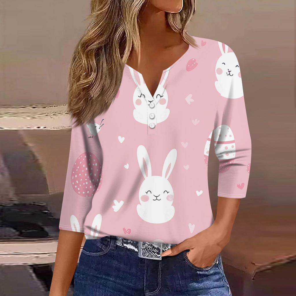 Жен. Футболка Футболка С принтом Пуговицы Рукав 3/4 Повседневные Выходные Мода Классический V-образный вырез Обычный Топ