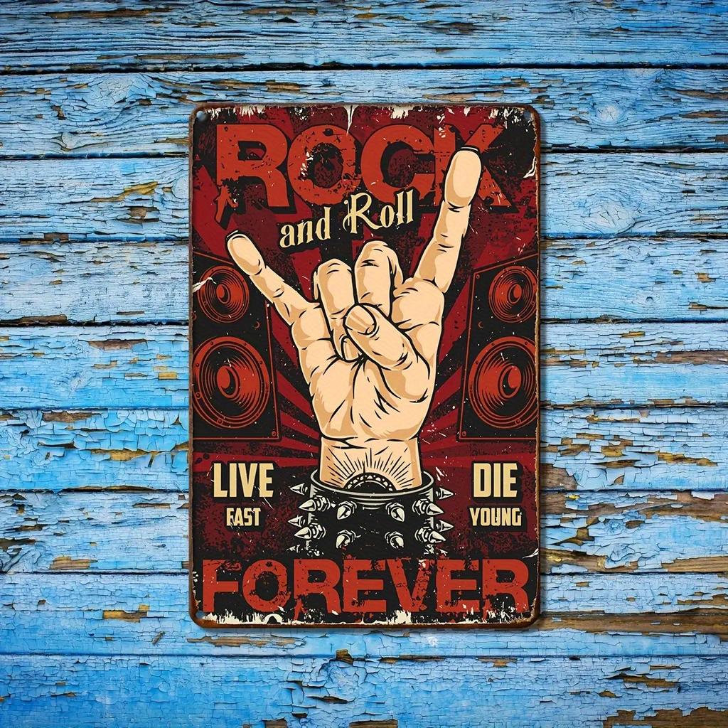 Металлическая жестяная табличка Rock and Roll Постер Heavy Metal Музыки с жестом 'Рок-рука' Красный Черный Ретро Гараж Бар для Мужской Комнаты L
