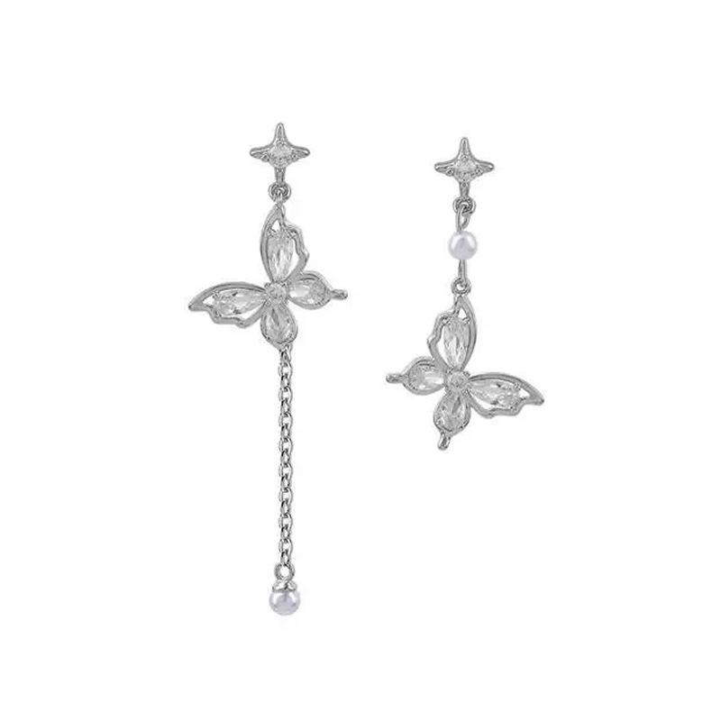 Butterfly zircon fringed pearl earrings without earrings, women's super fairy earclips, light luxury and high-end summer asymmetrical stud earrings