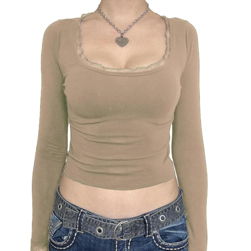 Женские короткие футболки с кружевной отделкой, рубашки с длинным рукавом и круглым вырезом, весенне-осенние облегающие топы, уличная одежда