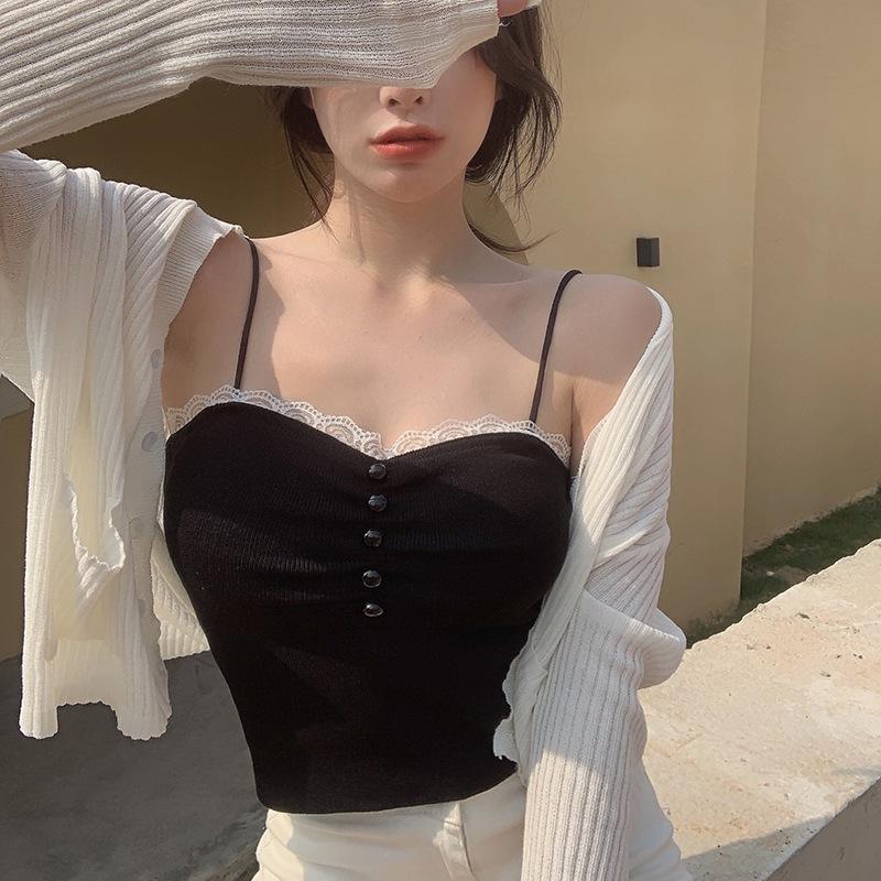 Женская однотонная кружевная тонкая вязаная майка с открытым пупком на бретельках