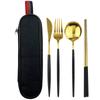 Travel Stainless Steel Dinnerware Set Black Gold Cutlery Set Knife Fork Spoon Chopsticks With Portable Bag Student Tableware Set