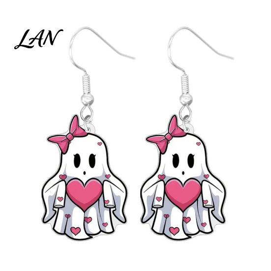 Easy to Wear Earrings Pink Heart Ghost Earrings, Cute with Bow Drop Halloween Jewelry Lightweight Acrylic for Girls Women Non-oxidizing
