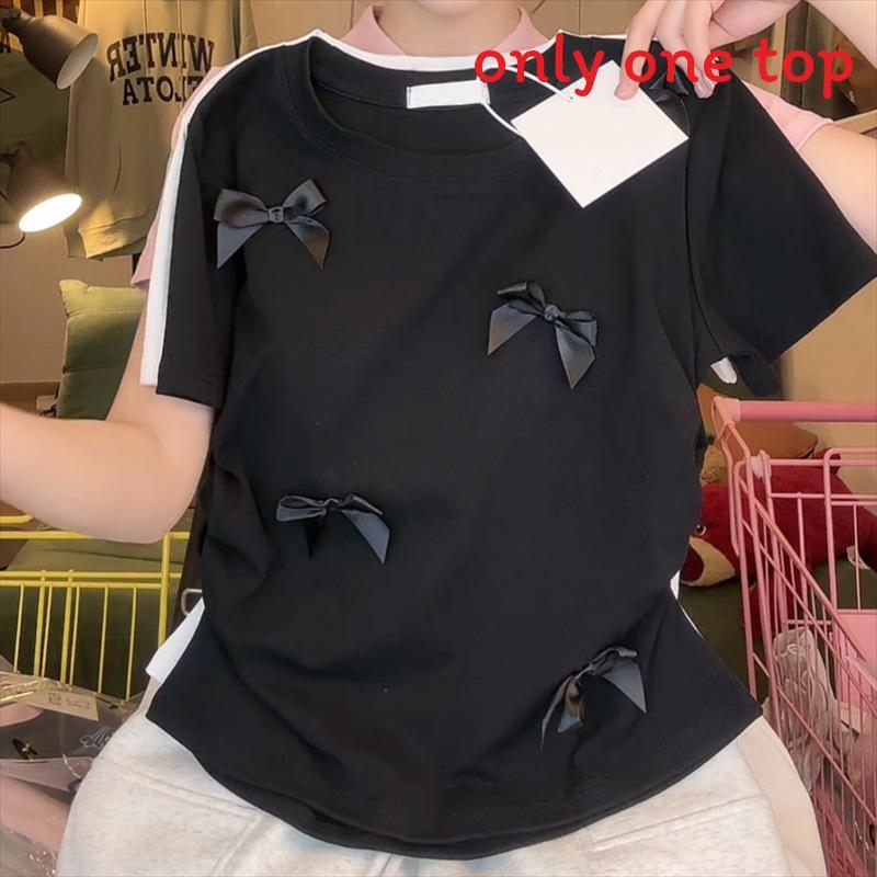 Tshirt With Butterfly Bow Pattern Polyester Short Sleeve Summer Casual Top For Women