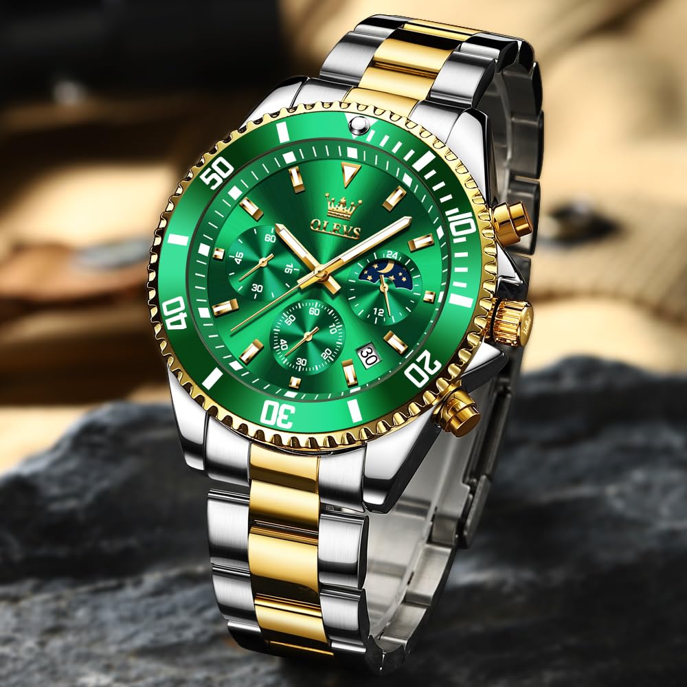 OLEVS Men's Watch Stainless Steel Band Date Display Chronograph 40mm Business Formal Waterproof 10 ATM Gold blue white