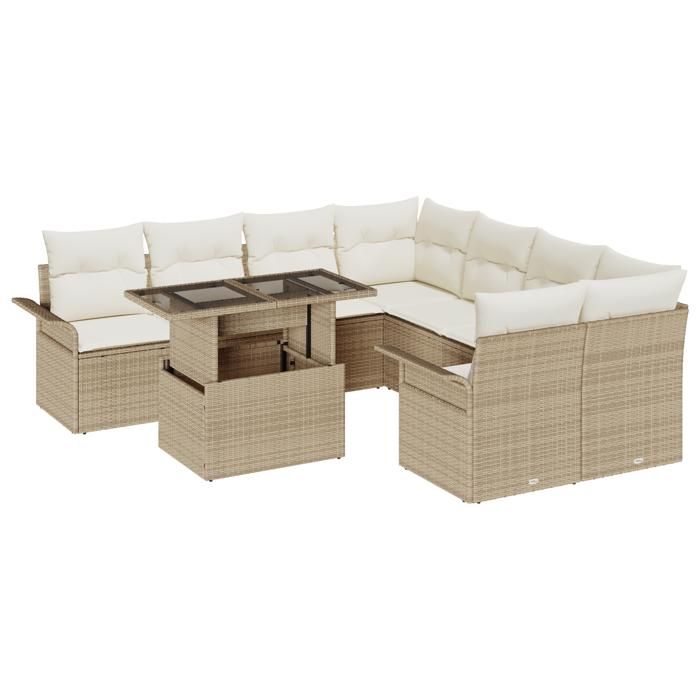 VidaXL Ensemble de canapé de jardin 9 pièces avec coussins en rotin poly beige 3348257