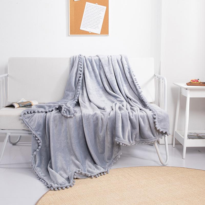 Solid Color Fleece Pom‑pom Throw Blanket, Tassel Decor Sofa Couch Nap Cover Bed Blanket