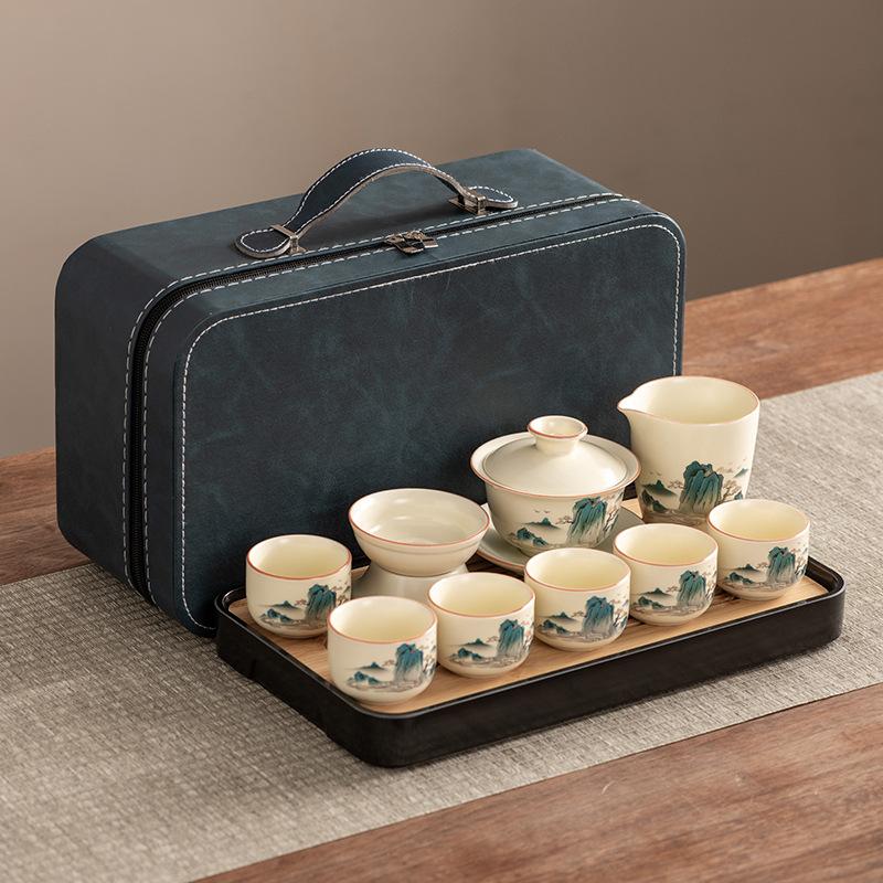 High-end Huang Ru Kiln Travel Kung Fu Tea Set Household Portable Cover Bowl Teacup Teapot Light Luxury Business Gifts