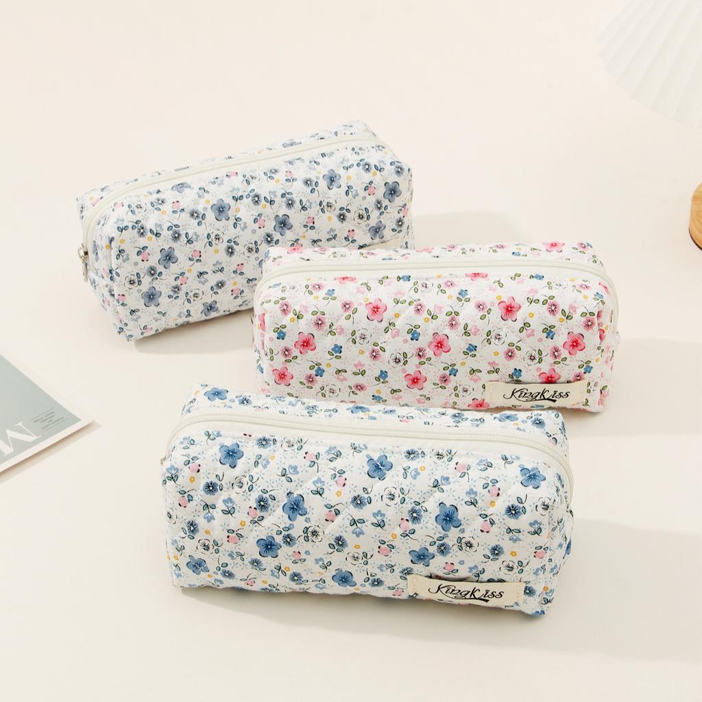 Chic Floral Pencil Case Student Girl Aesthetic Vintage Flower Strawberry Cat Pencil Bag High Capacity Stationery Storage Bag