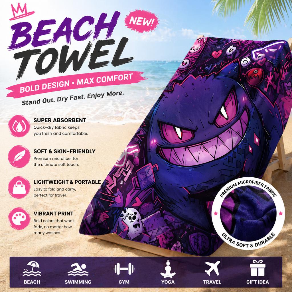 Potdemiel Pokémon Gengar Beach Towel Purple Ghost Flat Print Quick Dry Microfiber Bath Towel for Gym Yoga Travel Gift Kids
