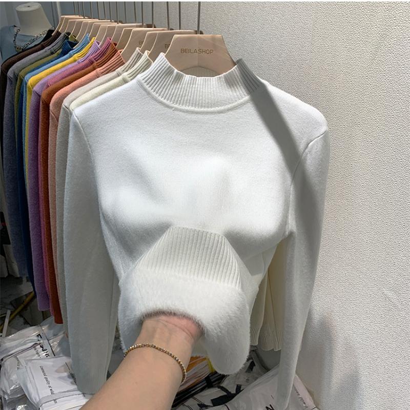 Свитер-пуловер из бархата с полувысоким воротом для женщин, осенне-зимний, толстый, плюшевый, теплый, вязаный, женский, винтажный, облегающий, повседневный, вязаный джемпер 25271