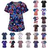 Women's Short Sleeve V-Neck Independence Day Printed Pocket Carer Top
