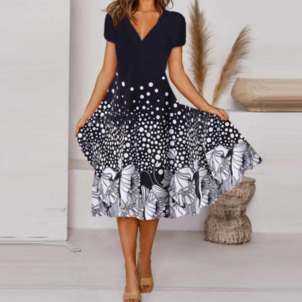 Women's Summer Casual Fashion Floral Print Short Sleeve V-Neck Swing Dress