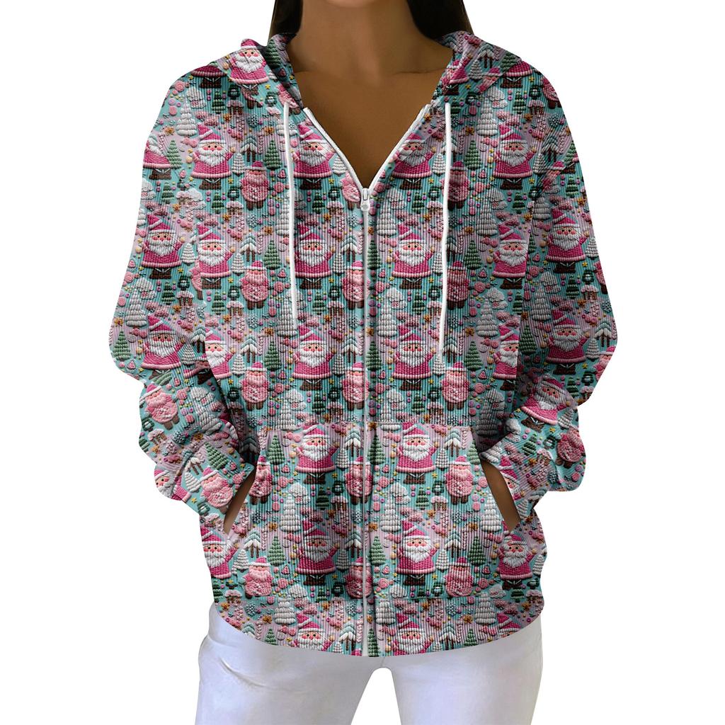 Женская повседневная модная вязаная толстовка с длинными рукавами и застежкой-молнией, с рождественским принтом