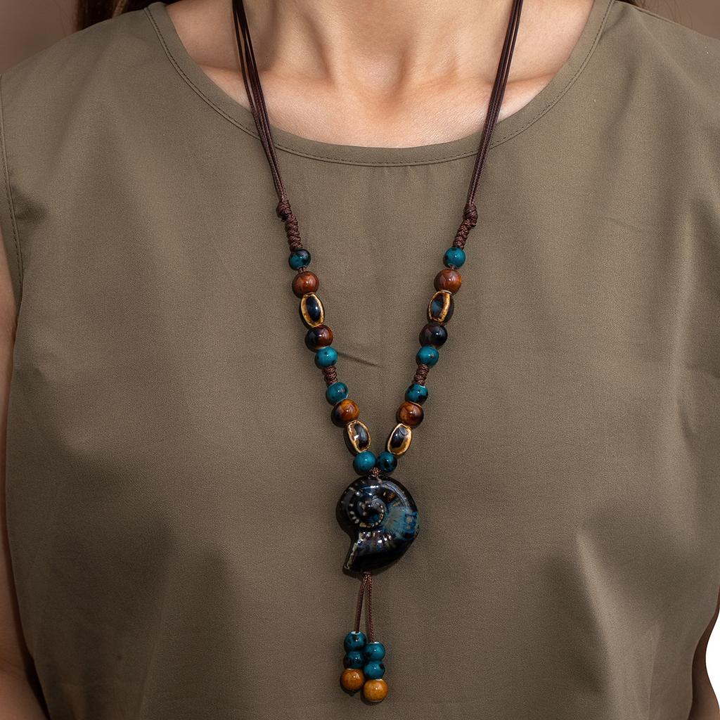 Винтажная керамическая нить бусин Ракушка Подвеска Ожерелье Женское Богемный Экзотический Этнический Стиль Плетеное Путешествия Украшения