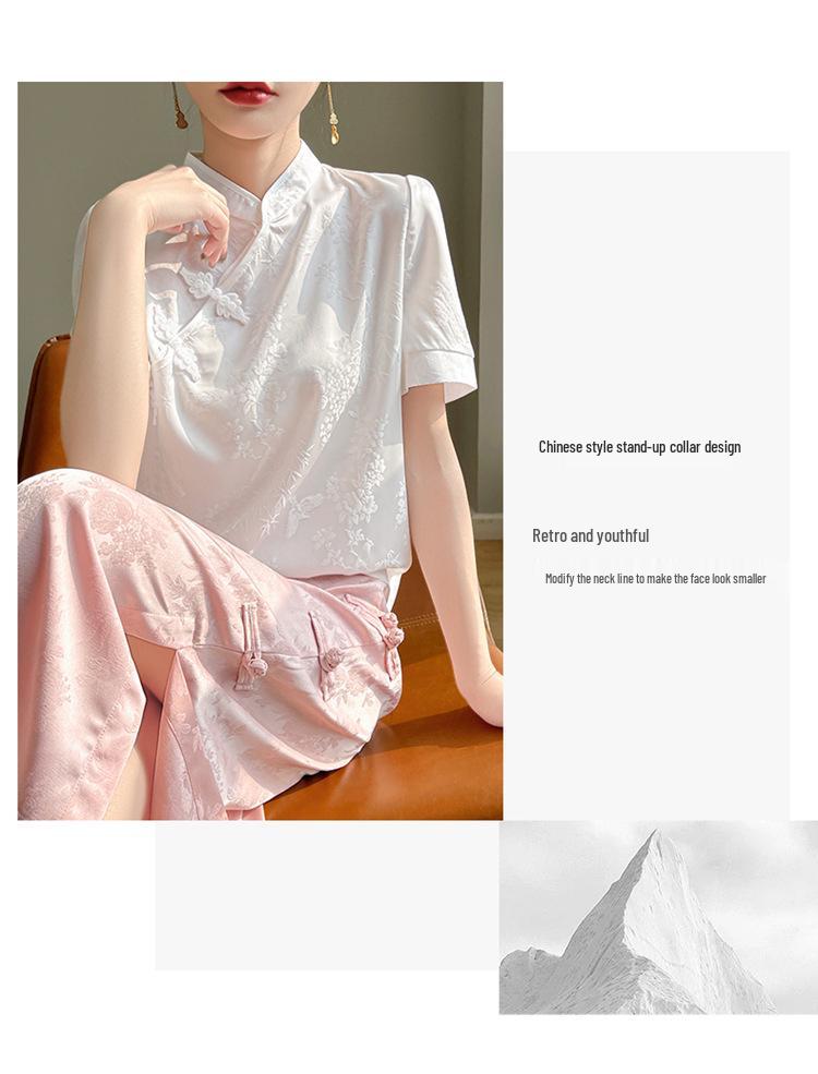 Женская атласная футболка с китайской застежкой-лягушкой: Короткий рукав, воротник-стойка, ретро-стиль