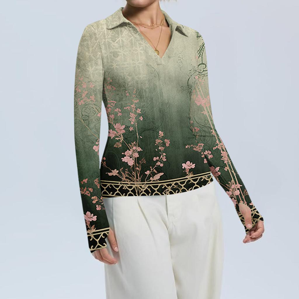 Женская Мода Повседневный Принт V-образный Вырез Длинный Рукав Застежка на Пуговицы Топ