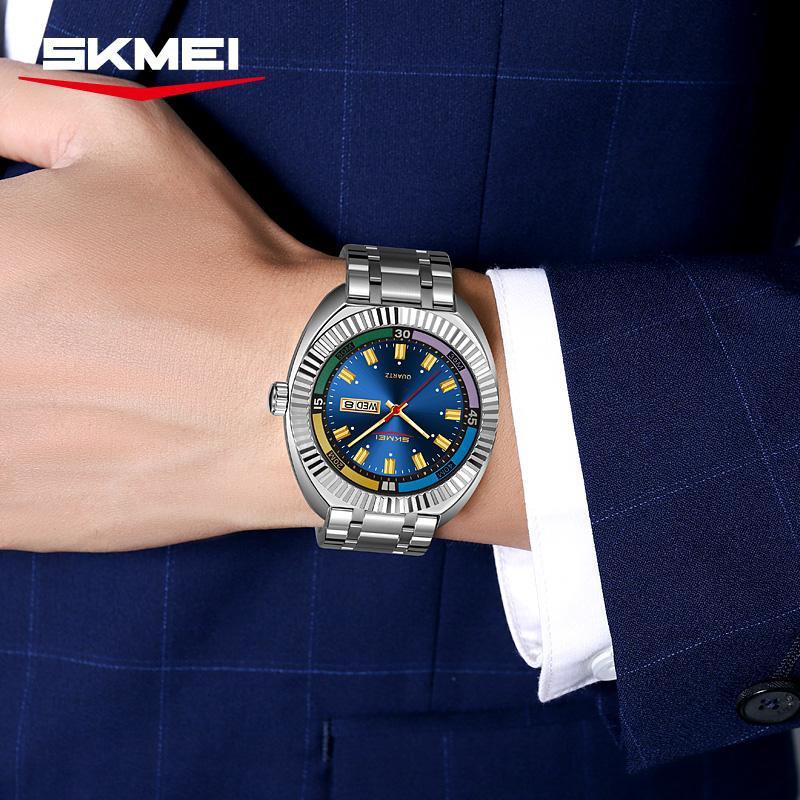 Skmei Ретро Мужские Кварцевые Часы Мода Спорт Застежка-бабочка Стальной Ремешок Календарь Недели Большой Циферблат Часы Для Мужчин