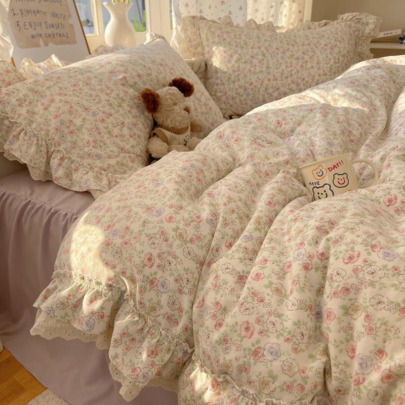 Комплект постельного белья из четырех предметов с двойной нитью, кружевной в принцессном стиле, приятный для кожи, дышащий, стиранные простыни, пододеяльник, наволочка