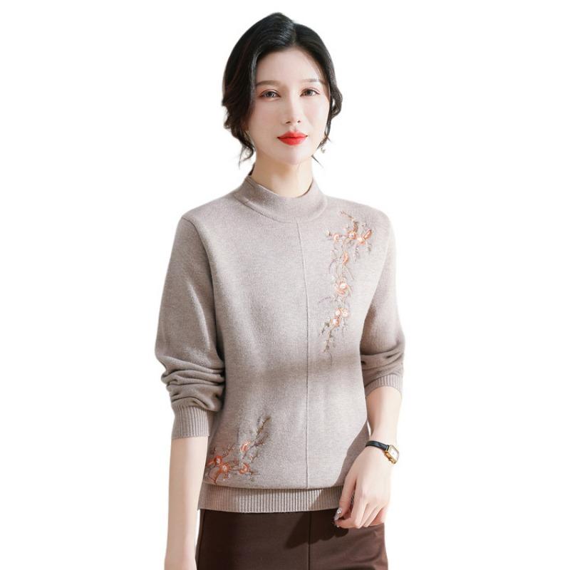 New Middle-aged and Elderly Women's Semi-turtleneck Warm Knitted Jacquard Bottoming Shirt Mother Sweater Piled and Thickened Autumn and Winter