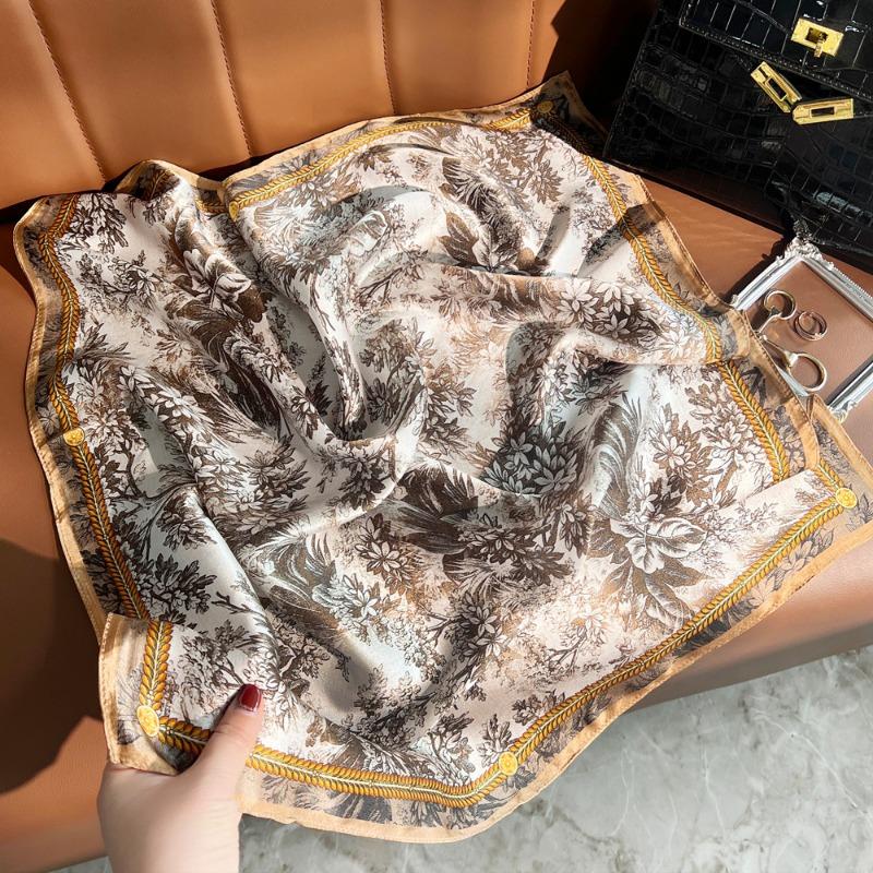 Spring New Fresh Flower Silk Crepe Satin Printed Silk Scarf Women's Fashion Versatile Mulberry Silk Small Square Scarf