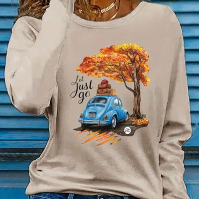 Топы для женщин, футболка с круглым вырезом и длинным рукавом с принтом «Золотое дерево», повседневный тонкий женский топ с длинным рукавом