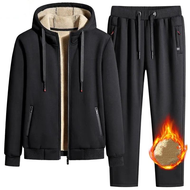 Мужской осенне-зимний теплый костюм с подкладкой, молодежная куртка с капюшоном с длинными рукавами + брюки на шнуровке, спортивный комплект из двух предметов большого размера