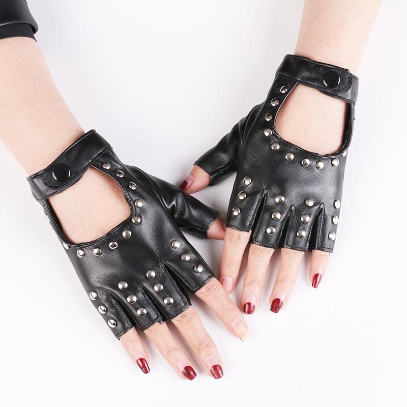 Women's Half-Finger PU Cyberpunk Motorcycle Gloves with Rivet Design for Dance and Nightclub