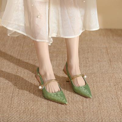 Новые летние модные туфли с острым носком и жемчугом для женщин на высоком каблуке для банкетных женщин. Сексуальные женские сандалии.