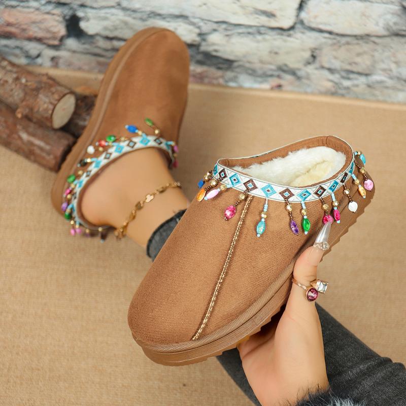 Богемный декор с бахромой Хлопковые тапочки Женские 2025 Зима Комфорт Толстая подошва Не скользкие Тапочки Теплые Короткий плюш Уличные шлепанцы