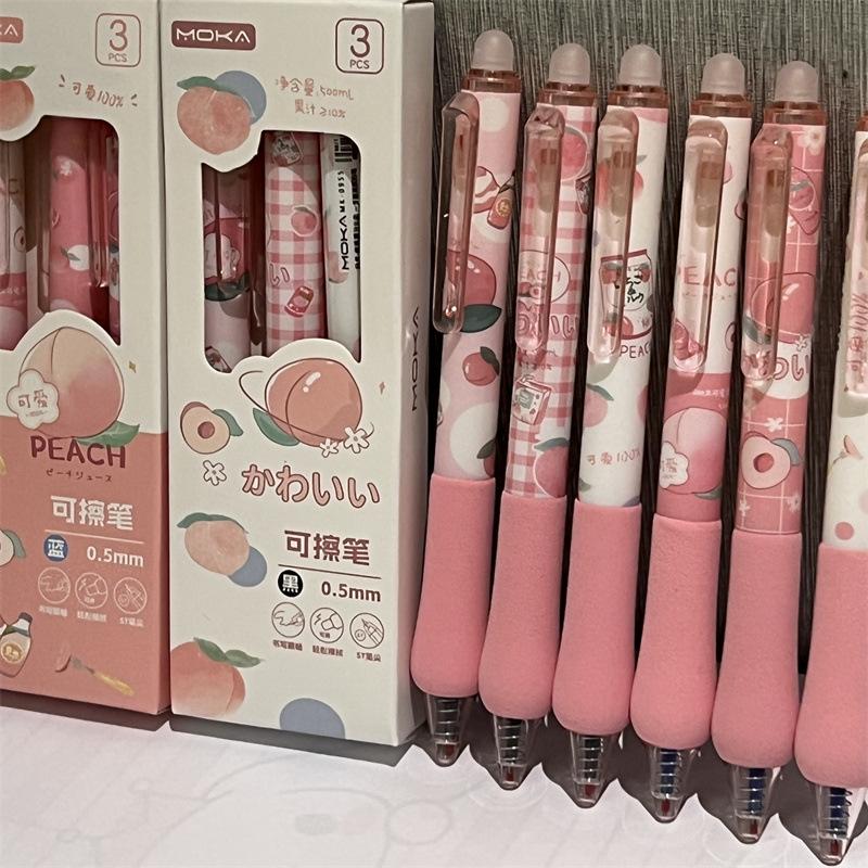 3pcs/set Cute Erasable Click Pen Pastel Kawaii Press 0.5mm Black Blue Ink Pen with Soft Grip Peach Juice Color Study Supplies