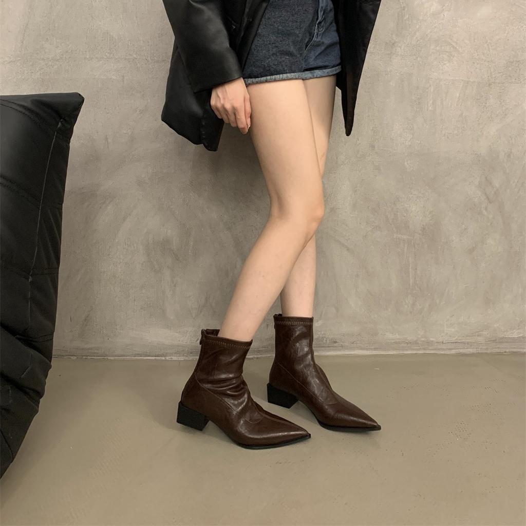 Короткие французские сапоги на толстом каблуке коричневого цвета, женская обувь, весна, осень и зима 2024, новые тонкие голые сапоги, ковбойские сапоги в стиле вестерн