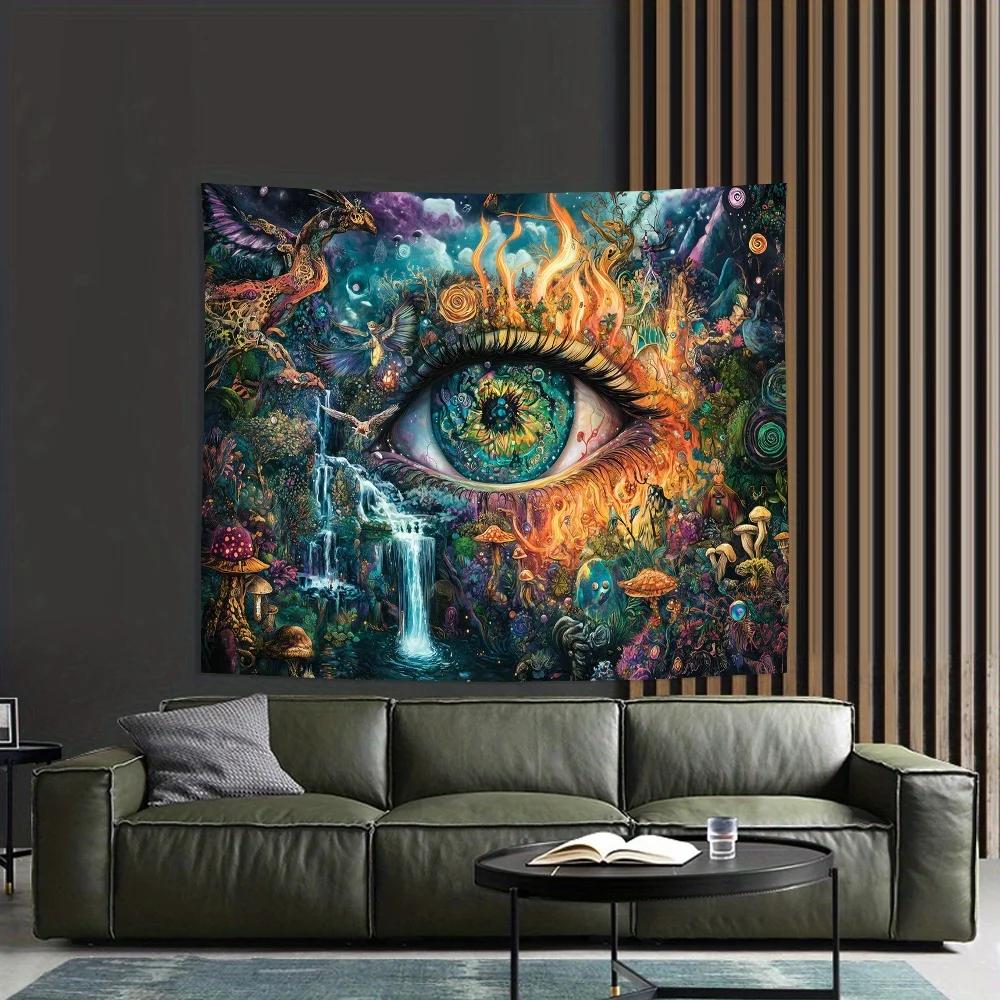 VIKAMA Trippy Fantasy Wall Tapestry Giant Eye Waterfall Jungle Color Mushroom Bird Hippie Spiritual Art Sofa Background Cloth