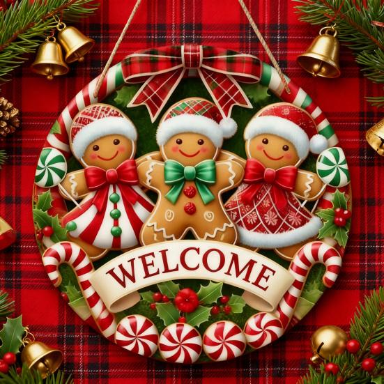 2D Merry Christmas Wooden Sign Red Black Plaid Gingerbread Man Wall Hanging Decor Front Door Porch Home Holiday Decorations
