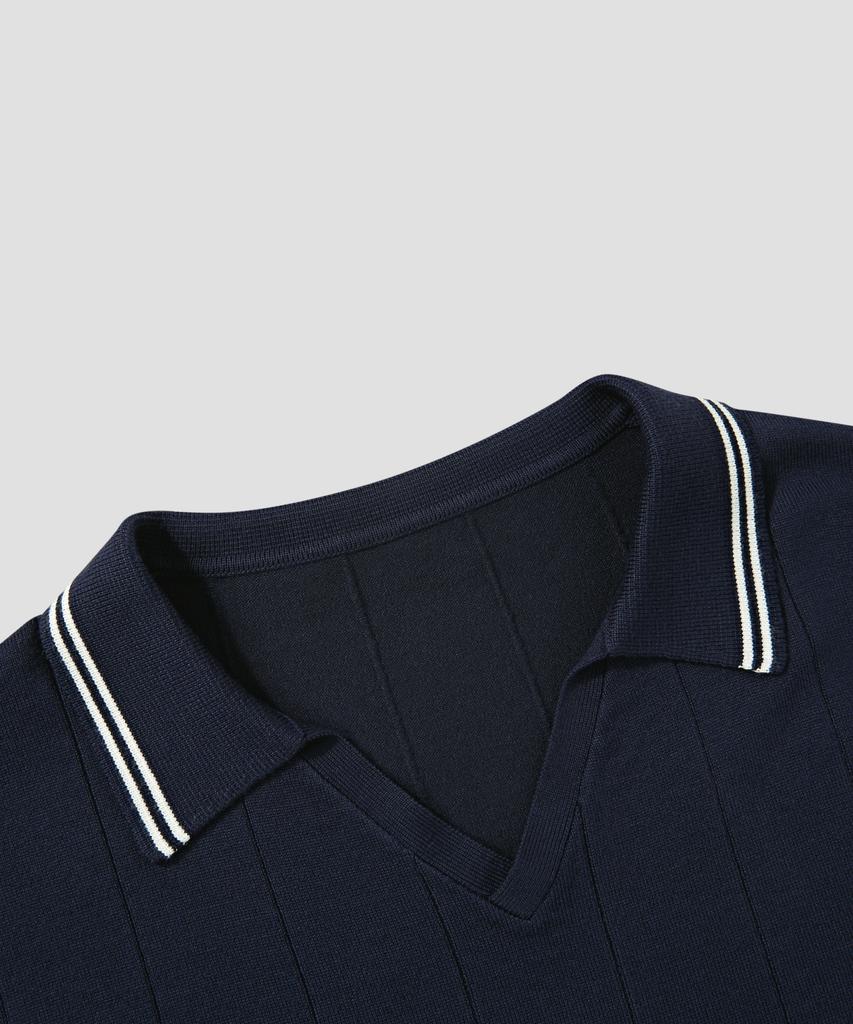 AGOD V-Neck Collared Short-Sleeve Knit Shirt [Navy]