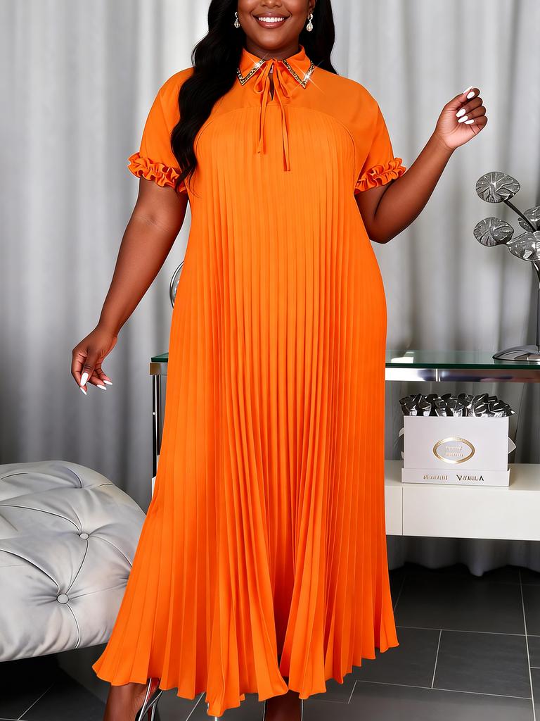 AOMEI Women Plus Size Elegant Pleated Maxi Dress Tie Neck Short Sleeve Modest Church Flowy Loose Fit Dresses